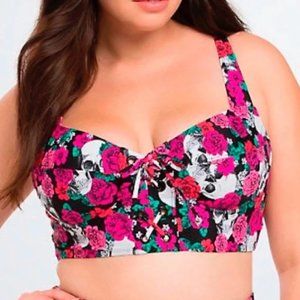 Torrid 0X Skull Roses Floral Print Lace Up Goth Longline Bikini Swim Suit Top